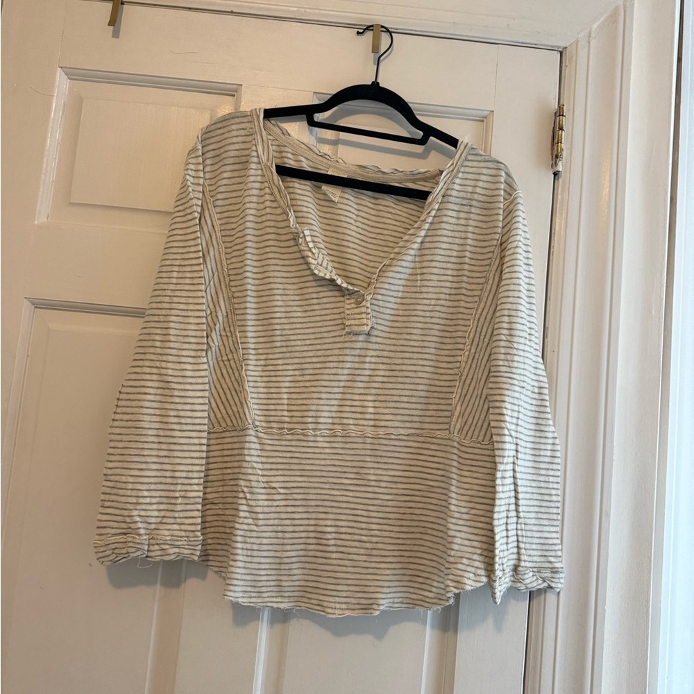 We The Free Cream and Gray Striped V-Neck Pullover Tunic